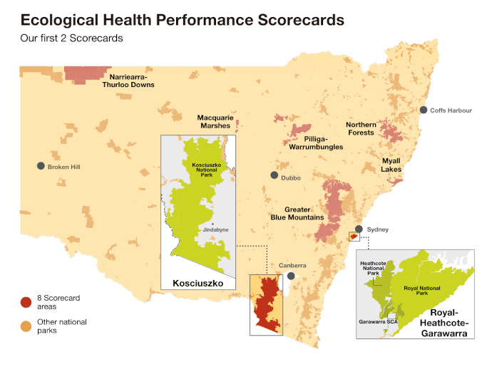 A coloured map of New South Wales highlighting the first 2 ecological scorecards in Kosciuszko National Park and Royal National Park, including Heathcote National Park
